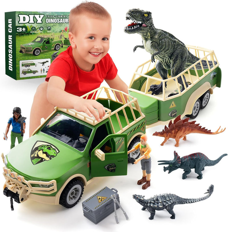 Coroiesty Dinosaurier Spielzeug Set, Tyrannosaurus Rex für Kinder 3-5 Jahre, DIY Transportauto mit 4