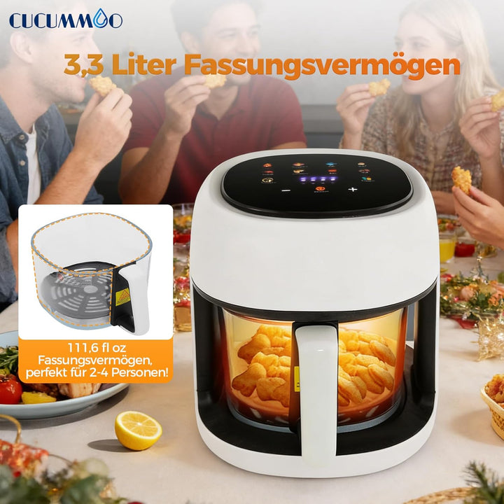 Heissluftfritteuse/Air Fryer, 3.3L Smart Airfryer mit Full Touch Screen & Sichtfenster, Garen und Ba