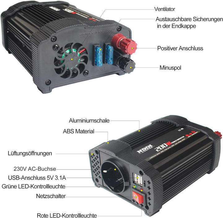 NDDI 200W Car Wechselrichter, 12V DC auf 230V AC Spannungswandler mit Dual USB Autoladegerät und 1 A