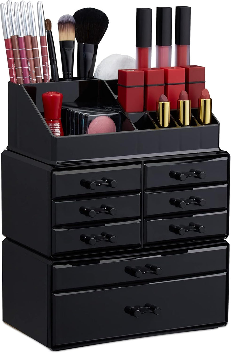 Relaxdays Make Up Organizer mit Schubladen, stapelbarer Schmuckkasten für Make Up, Acryl Schminkaufb