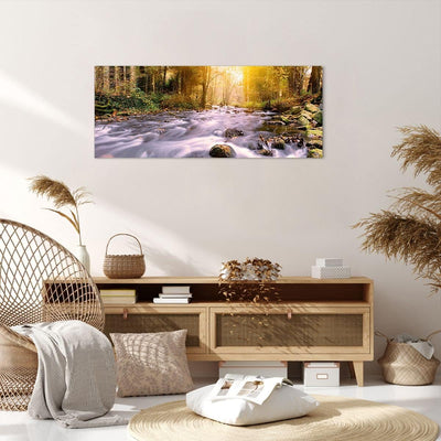 Wandbilder Dekoration Wohnzimmer Herbst Wald Berg Fluss Panorama Bilder auf Leinwand 120x50cm Leinwa