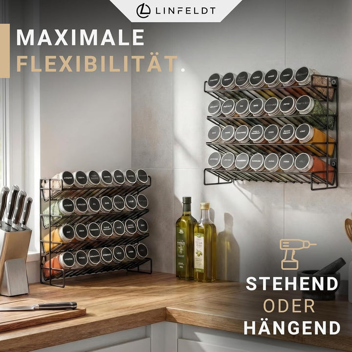 LINFELDT® Gewürzregal 28 Gläser - 144 Sticker + Stift + Schrauben zum Hängen - Gewürzregal Stehend -