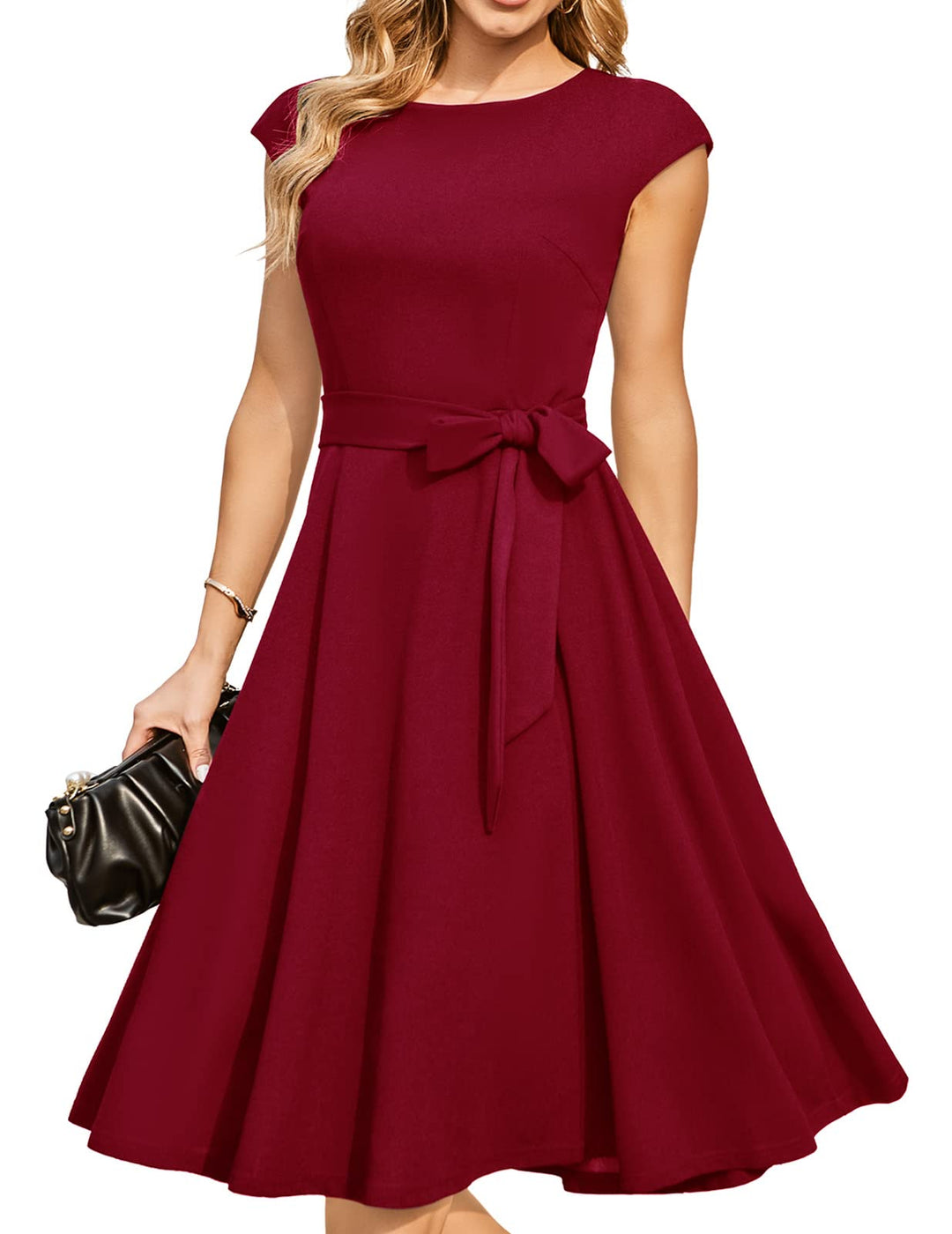 DRESSTELLS Damen Vintage Retro 1950er Cocktaikleid A-Line Swing Festlich Midilang Kleid Burgundy S,