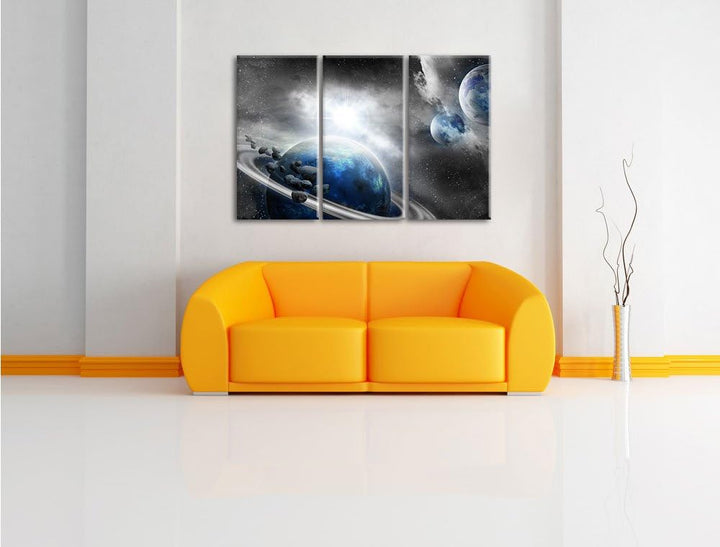 Pixxprint Planeten und Meteoriten im Weltraum B&W Detail als Leinwandbild/Grösse: 3 Teilig (120x80 c
