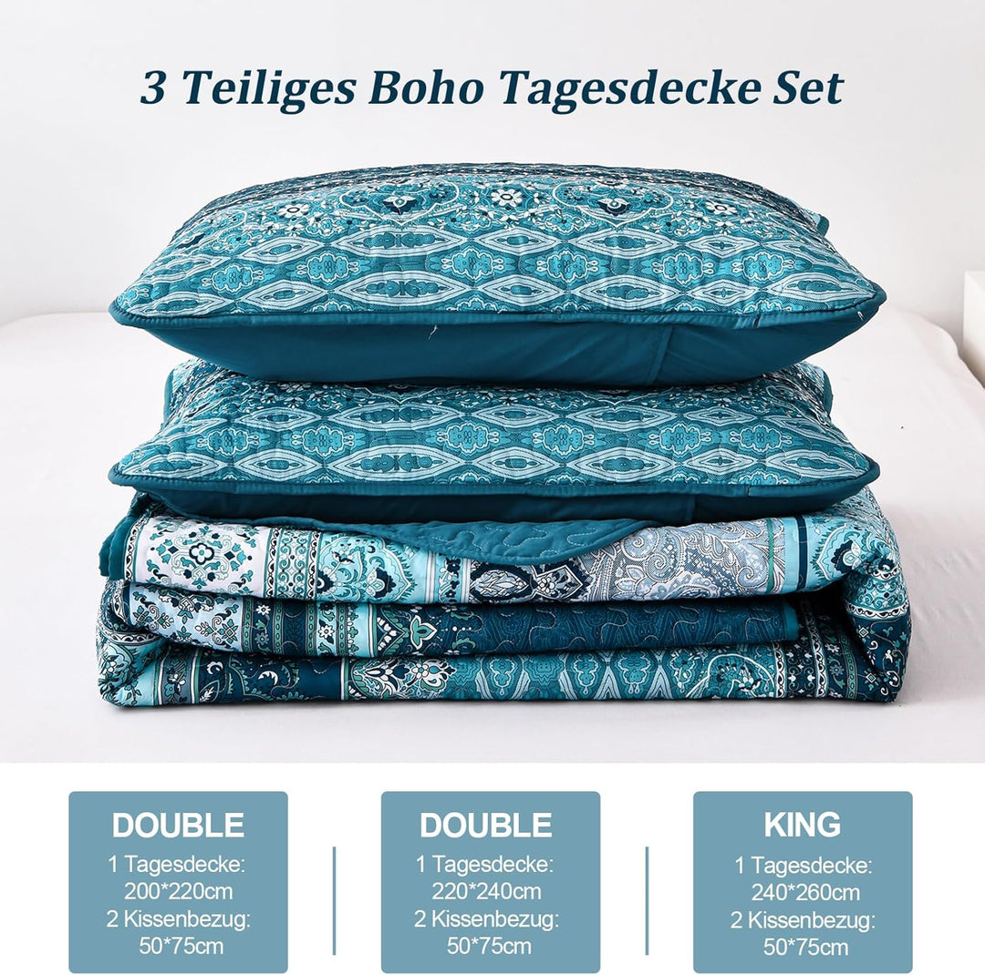 WONGS BEDDING Tagesdecke 220x240 Bettüberwurf Boho Decke Steppdecke 3 Teilig Doppelbett Gesteppt Bet