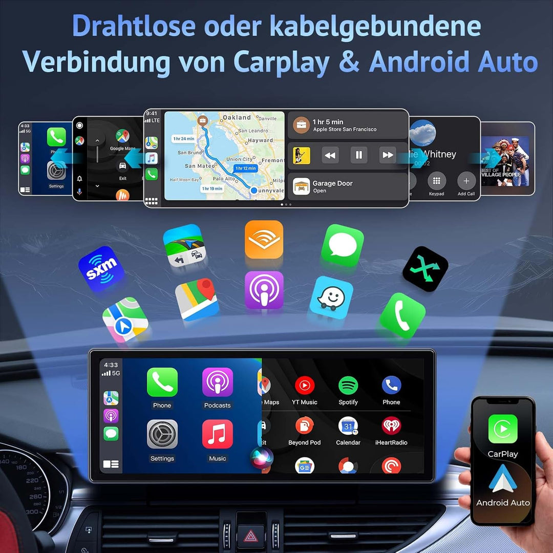 10.26 Zoll CarPlay Display kompatibel mit Apple CarPlay & Android Auto,IPS Car Play Display mit 1080