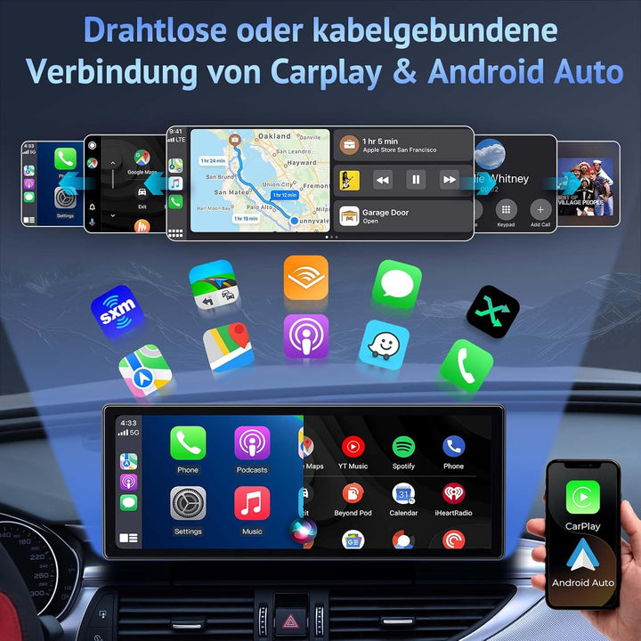 10.26 Zoll CarPlay Display kompatibel mit Apple CarPlay & Android Auto,IPS Car Play Display mit 1080