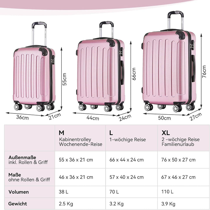 BEIBYE Hartschalen-Koffer Trolley Rollkoffer Reisekoffer Handgepäck 4 Rollen (M-L-XL-Set) (Rosa, XL)