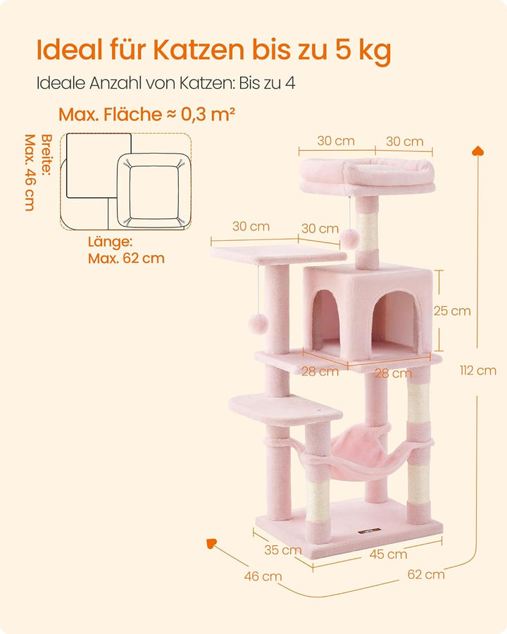 Feandrea Kratzbaum, 112 cm hoch, Katzenbaum, mehrstöckiges Katzenhaus, mit 4 Kratzsäulen, 2 Plattfor