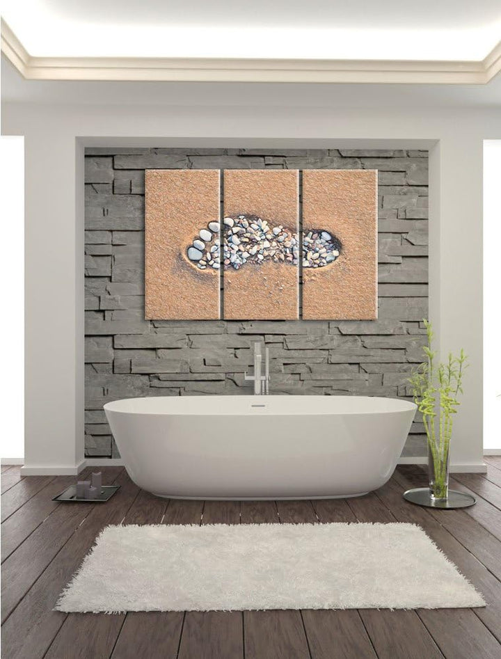 Pixxprint Fussabdruck im Sand Bunstift Effekt 3-Teiler Leinwandbild 120x80 Bild auf Leinwand