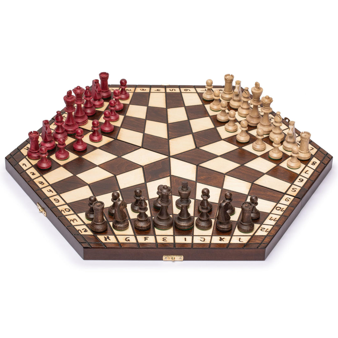 Husaria Holz-Schachspiel-Set für DREI Spieler – 54 Zentimeter - mit Faltbarem Brett, Handgefertigten