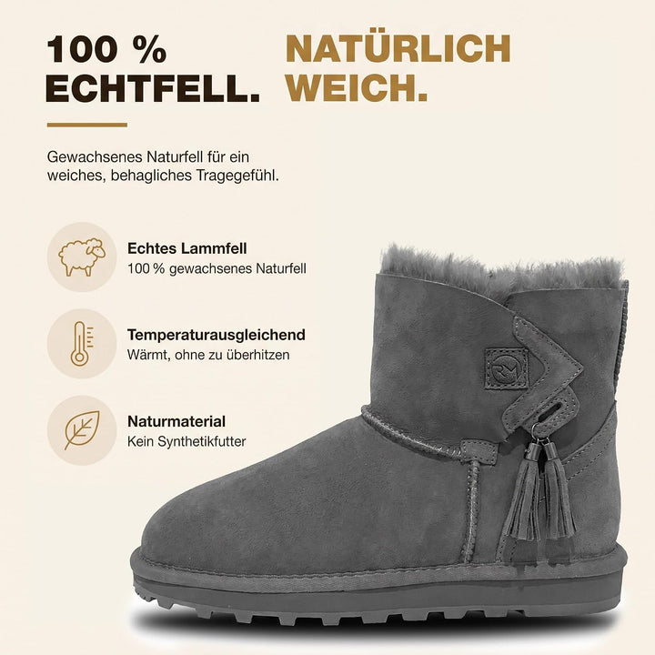 Rohn Lammfell Boots Stockholm, Winter-Stiefel aus 100% Lammfell, warme Schneeschuhe 37 EU Grau, 37 E