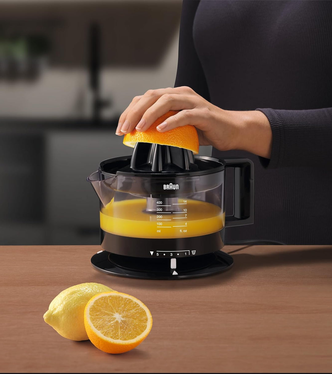Braun CJ3000 BK Zitruspresse mit Schale präzisionskalibrierung 350 ml, Anzahl Fruchtfleisch dimmbar,