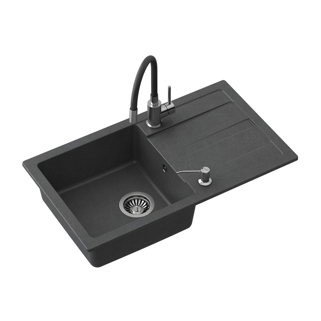 VBChome Spülbecken mit Armatur 77 x 44 cm Schwarz Einzelbecken Einbauspüle Abtroffläche gesprenkelt