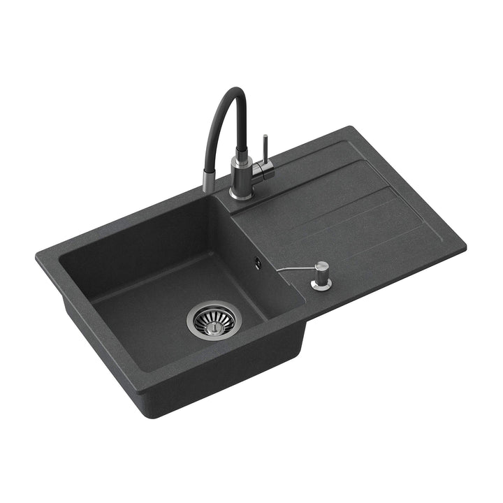 VBChome Spülbecken mit Armatur 77 x 44 cm Schwarz Einzelbecken Einbauspüle Abtroffläche gesprenkelt