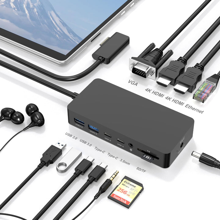 Surface Dock, Surface Docking Station, 12-in-1 Triple Display (2HDMI 4K+VGA) Microsoft Surface Dock
