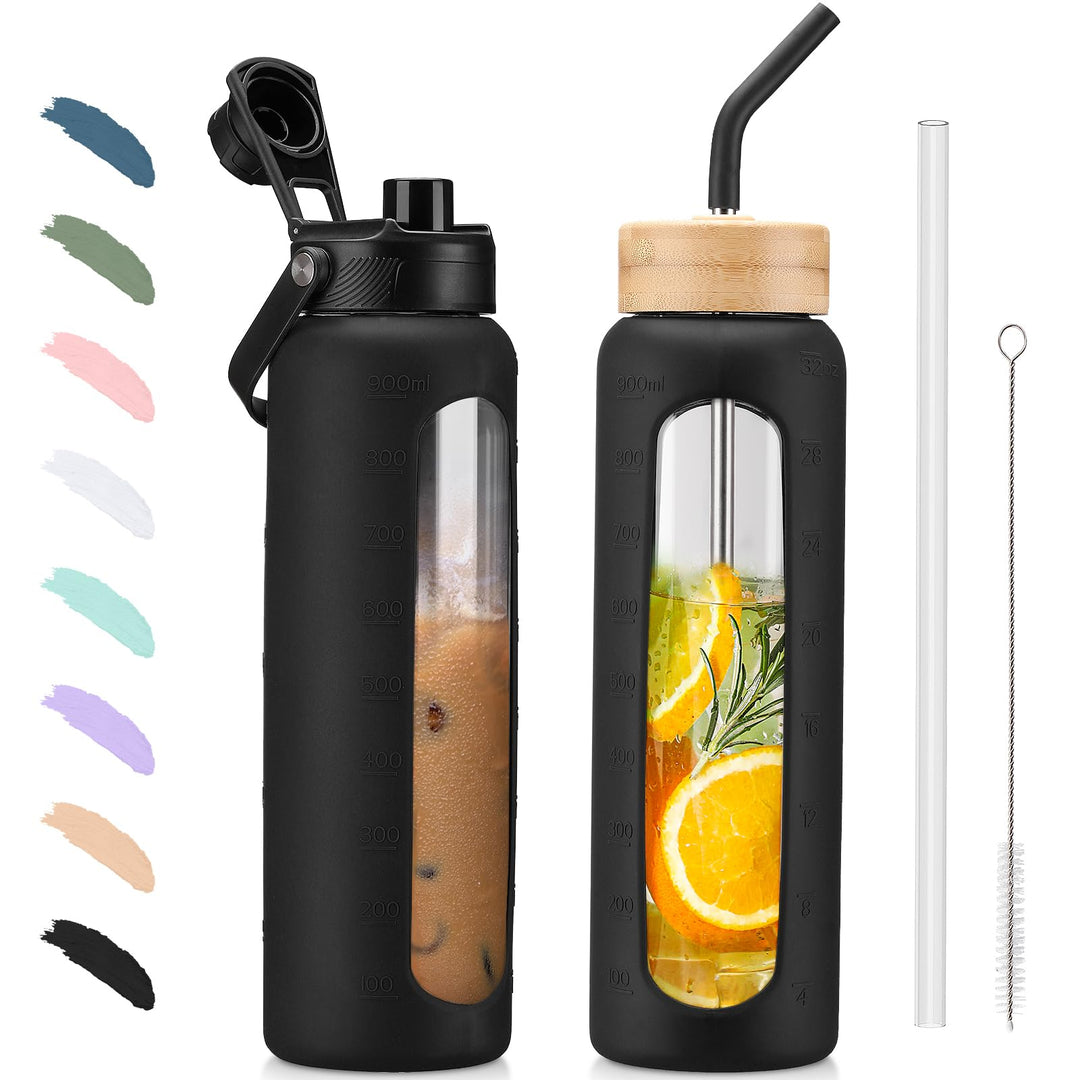 BLUEGO Trinkflasche Glas 900ml Sport Wasserflasche mit 2 Deckeln und Strohhalm Auslaufsichere Glasfl