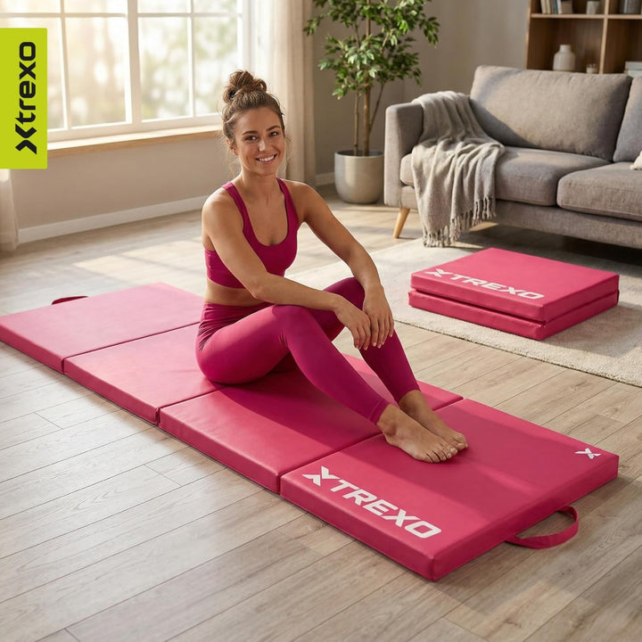 XTREXO Klappbare Gymnastikmatte – Turnmatte 4-teilig – Kunstleder &amp; EPE-Schaumstoff – Faltbar mit Tr