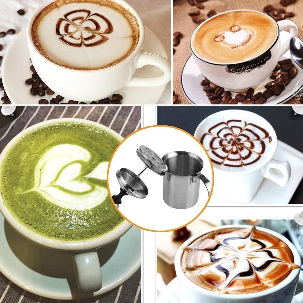 800ml de Acero Inoxidable Leche Manual Frother, Espumador Leche con Doble Colador, Jarra espumadora