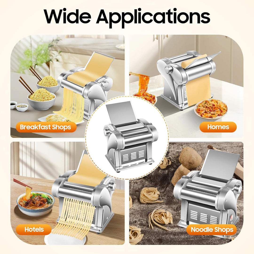 Nudelmaschine Elektrische Edelstahl Pasta Maker mit 2 Klingen 2 mm/4 mm, 8-Stufige Dickeinstellung,