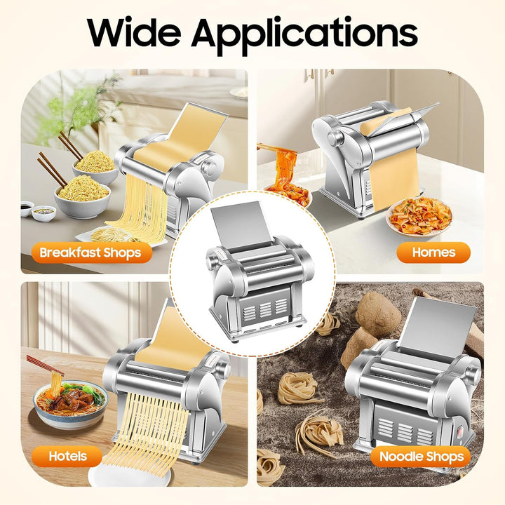 Nudelmaschine Elektrische Edelstahl Pasta Maker mit 2 Klingen 2 mm/4 mm, 8-Stufige Dickeinstellung,