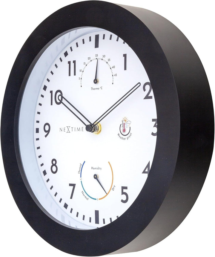 NeXtime Wall Clock (Garden/Inside) 25,5 cm-Time/Temp/Humidity-Black-Plastic Daisy, One Size
