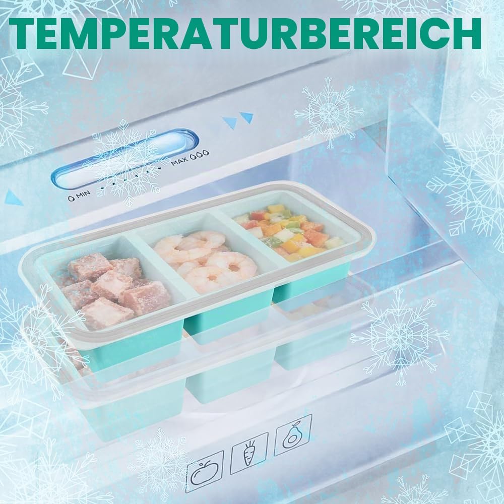 2 Stück Silikon Gefriertablett mit Deckel, 350ml Suppen Einfrieren Behälter mit 3 Fächern, Einfriere
