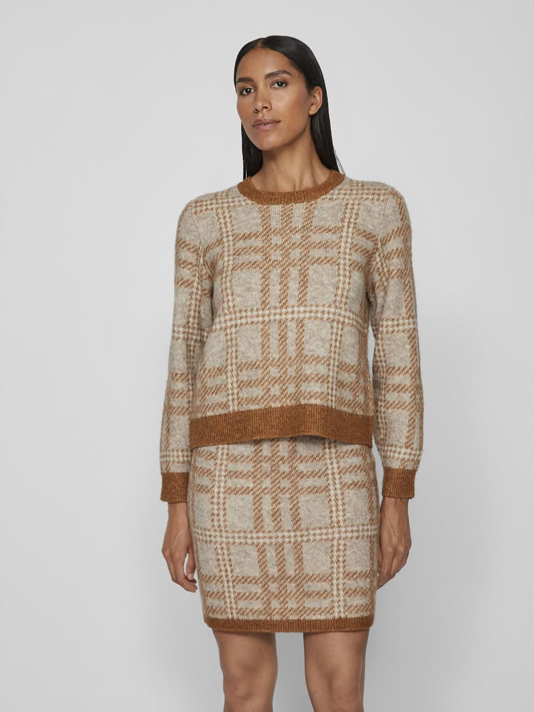 Vila Damen Vicilia L/S Check Knit Top/Su Strickpullover M Caramel Café/Checks:natural Melange/Birch,