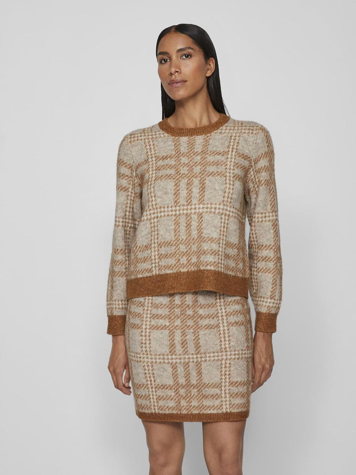 Vila Damen Vicilia L/S Check Knit Top/Su Strickpullover M Caramel Café/Checks:natural Melange/Birch,