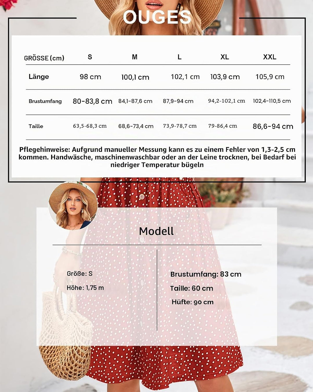 OUGES Sommerkleid Damen Casual Kleid V-Ausschnitt Midi Kleider Knopfleiste Freizeitkleid mit Taschen