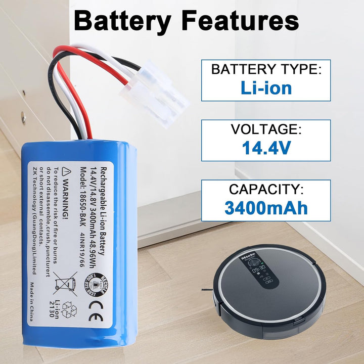 14,4 V 3400 mAh Lithium-Ionen-Akku, kompatibel mit Miele Scout RX1, RX1-SJQL0, RX2 60, RX3 60 (Miele