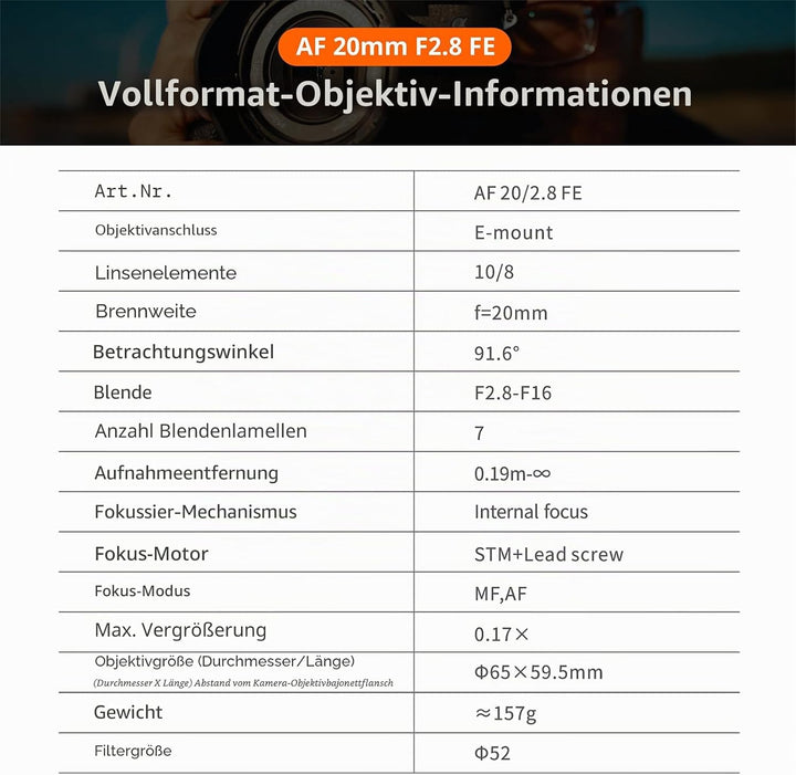 VILTROX 20mm F2.8 FE für Sony E Mount,AF 20mm f/2.8 E-Mount Vollformat Objektiv,Prime Weitwinkelobje