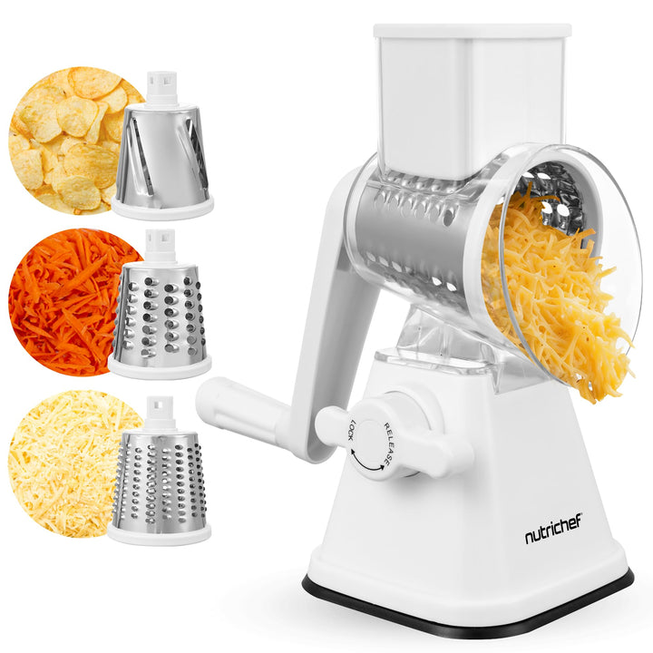 NutriChef 3-in-1 Trommelreibe - mit Kurbel – Gemüsereibe & drehbare Käsereibe – 3 Trommeln für Fein,