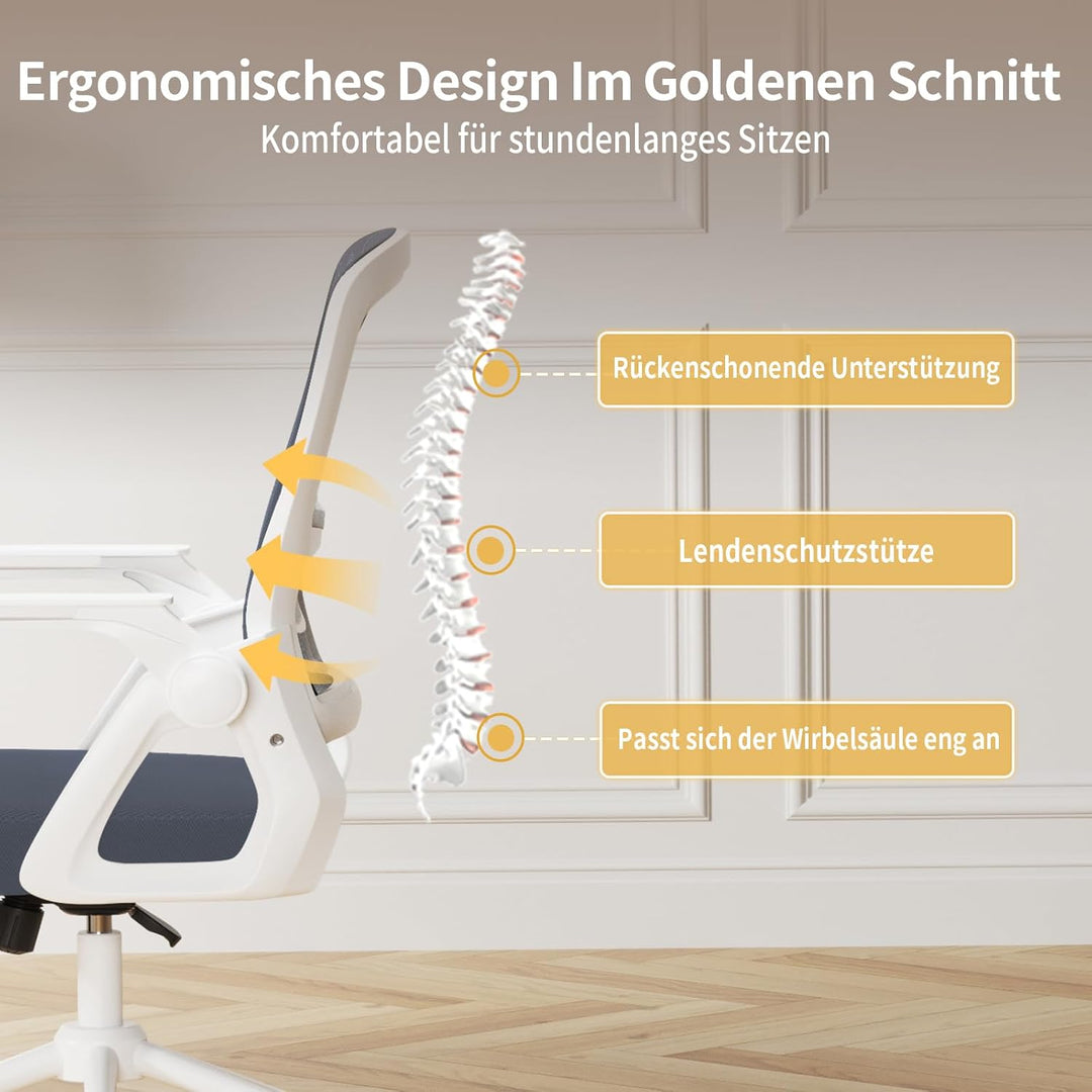 naspaluro Bürostuhl mit Hochklappbare Armlehnen, Schreibtischstuhl Ergonomisch, Drehstuhl mit Netzbe