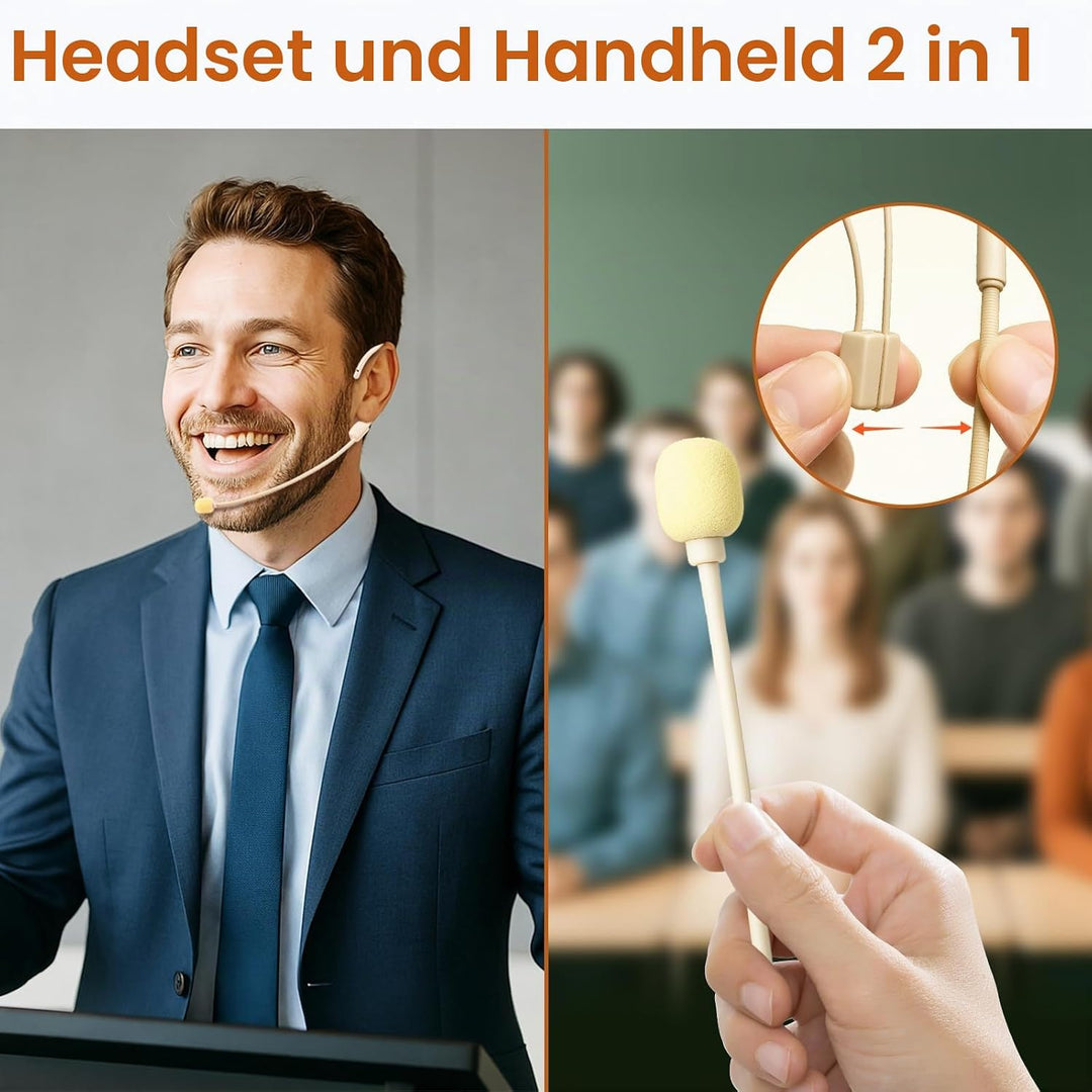 XIAOKOA Kabelloses Headset Mikrofon, UHF Hautton Drahtloses Mikrofon Lautsprechersystem, Beigefarben