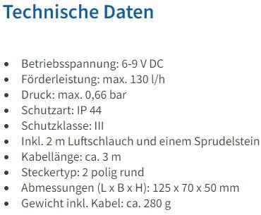 Solar Ersatzpumpe Teichbelüfter 6-9V max. 130 l/h Luft, Gartenteich Belüftung Sauerstoffpumpe esotec