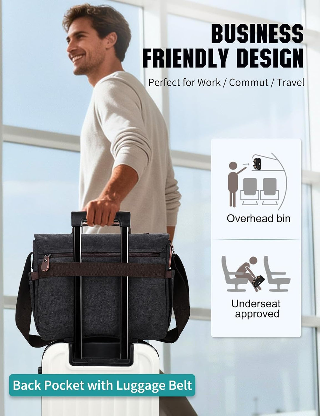RAVUO Umhängetasche für Herren, wasserabweisend, Canvas, 35,6 cm (14 15,6 17 Zoll) Laptop-Aktentasch