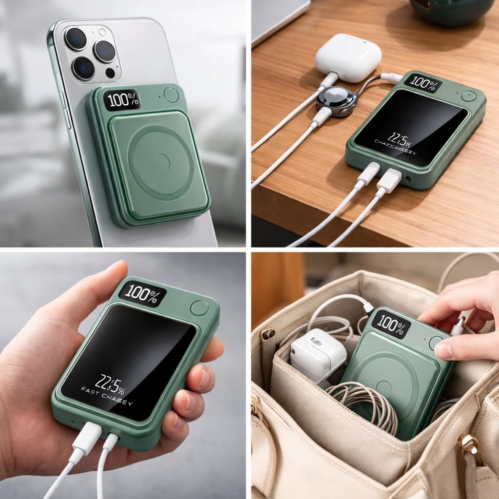 Magnetische Powerbank 5000mAh Mini 22.5W PD Schnellladen mit LED Display – kompatibel mit Samsung, M