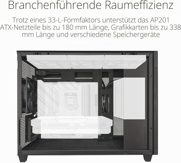 ASUS Prime AP201 MicroATX PC-Gehäuse (33 Liter, unterstützt 360-mm-Kühler, Grafikkarten bis 338 mm L