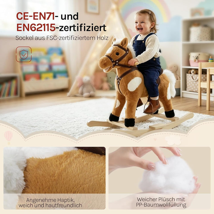WOLTU Schaukelpferd für Babys, Spielzeug mit Tiergeräuschen und Haltegriffen, aus Plüsch und PP-Baum
