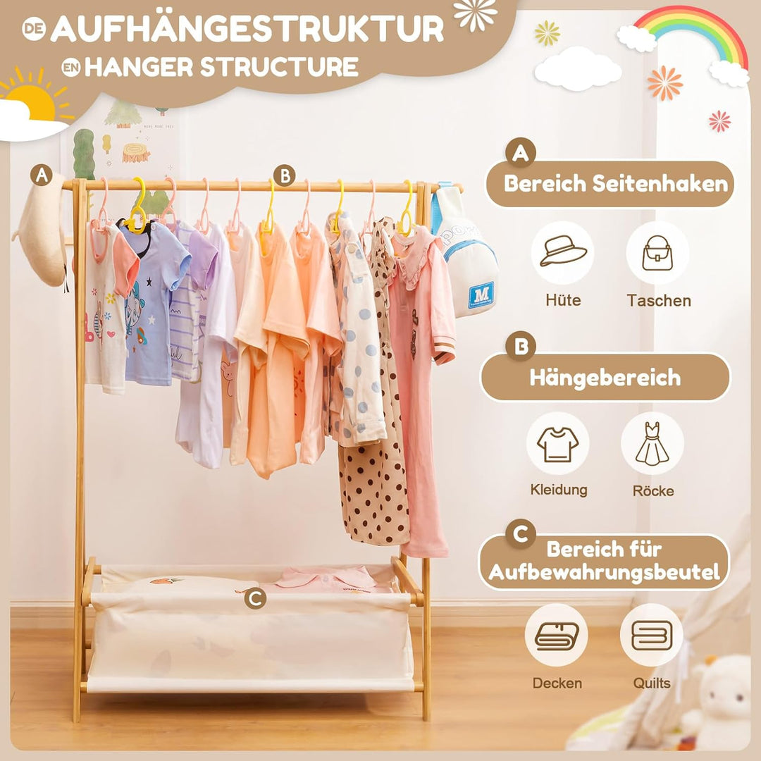 Yorbay Kinder Kleiderständer Bambus Garderobenständer mit Aufbewahrungskiste, Kindergarderobe mit Kl