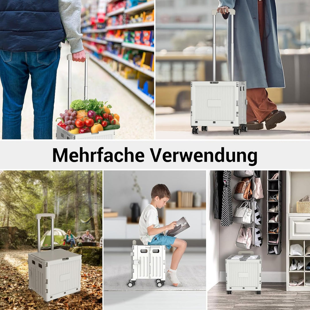 Einkaufstrolley klappbar, Einkaufswagen bis 30 kg, Transportbox mit 4 Rollen, Shopping Trolley Verst