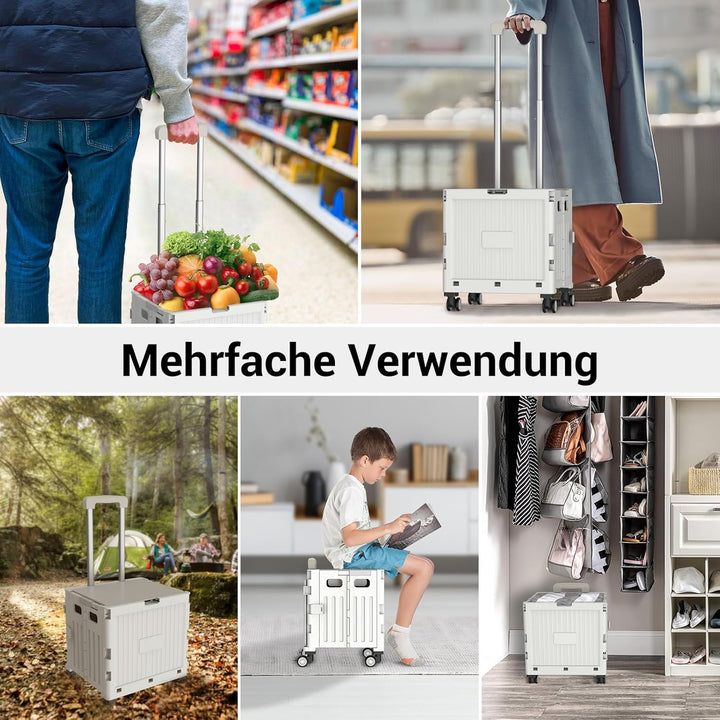 Einkaufstrolley klappbar, Einkaufswagen bis 30 kg, Transportbox mit 4 Rollen, Shopping Trolley Verst