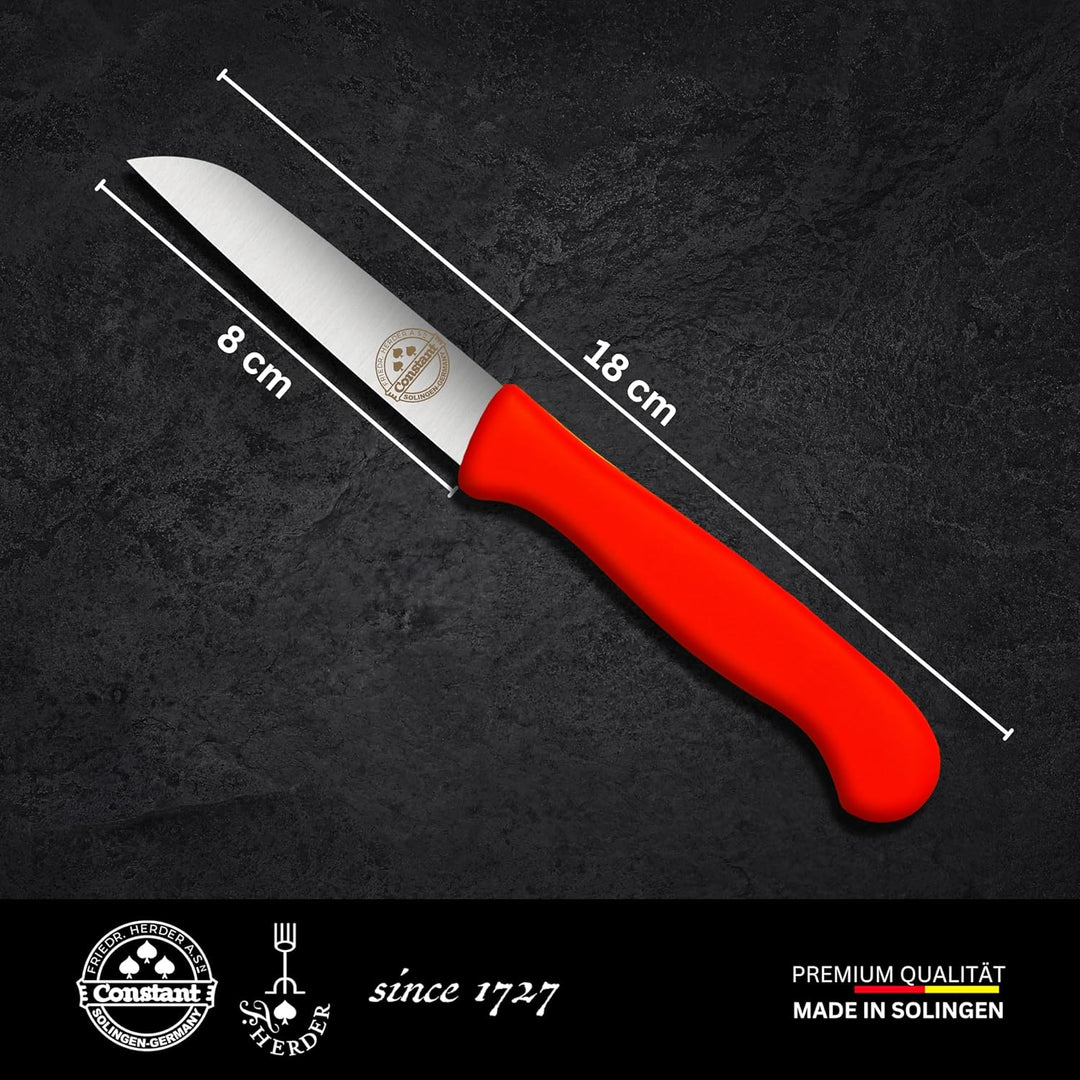 4er Set Gemüsemesser scharf Küchenmesser neon-rot Schälmesser Solingen rostfrei 8 cm/Handabzug - Dün