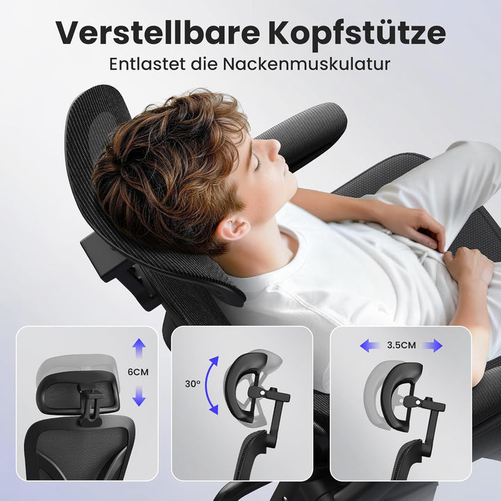 naspaluro Ergonomischer Bürostuhl mit Dynamischer Lordosenstütze, Schreibtischstuhl mit 3D-Kopfstütz