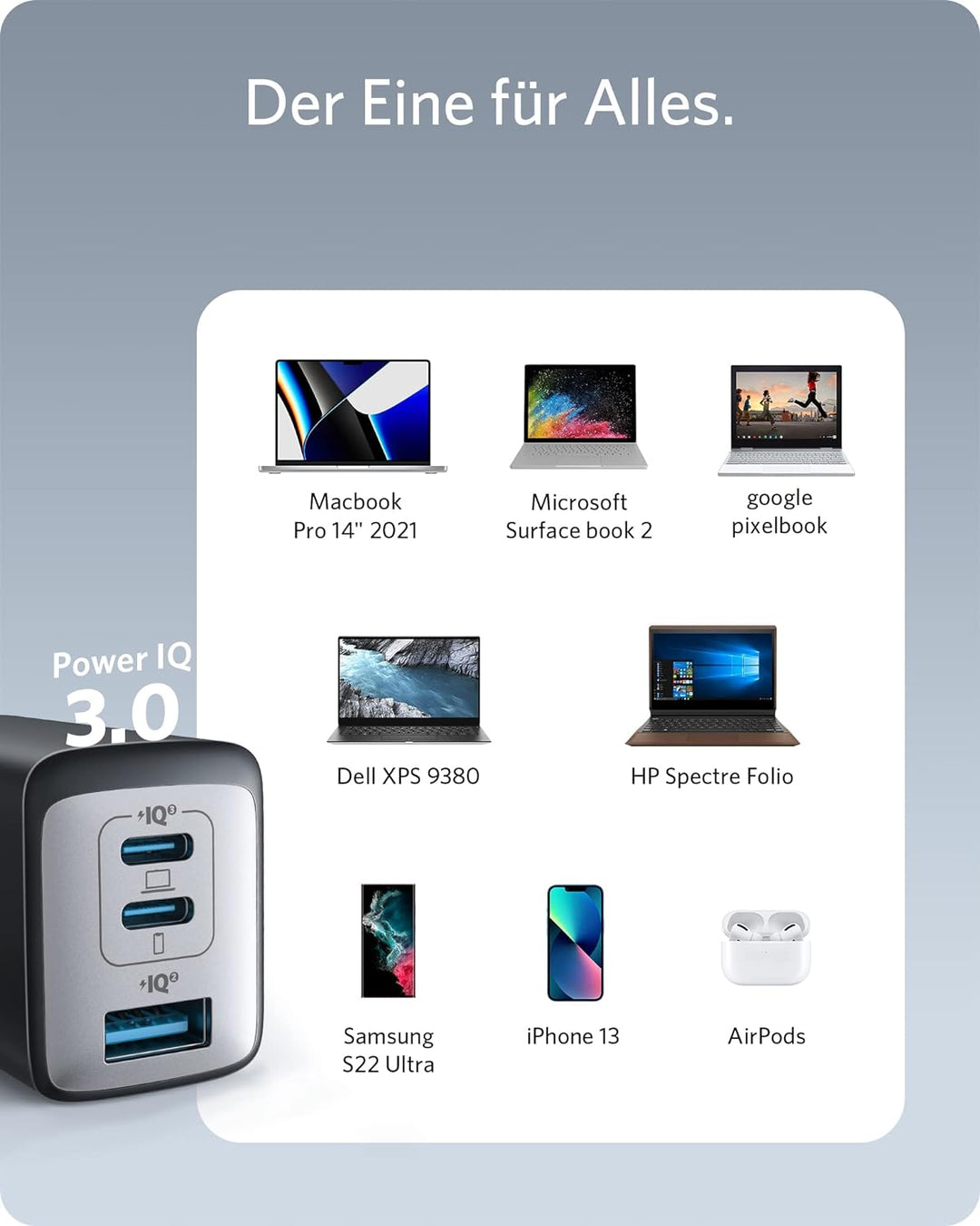 Anker USB C Ladegerät (Nano II 65W) Pod 3-Port PPS Schnellladegerät, Kompaktes USB-C Netzteil für Ma