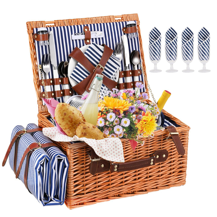 Picknickkorb,Picknickkorb 4 Personen mit Grossem Isoliertem Kühlfach und wasserdichte Picknickdecke,