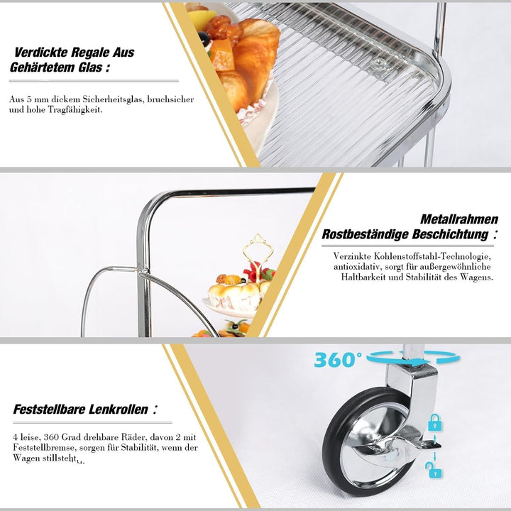 GLIESE Servierwagen Klappbar Mit Rädern,2 Tier Clear Tempered Glass,Mobiler Aufbewahrungs-Klappwagen