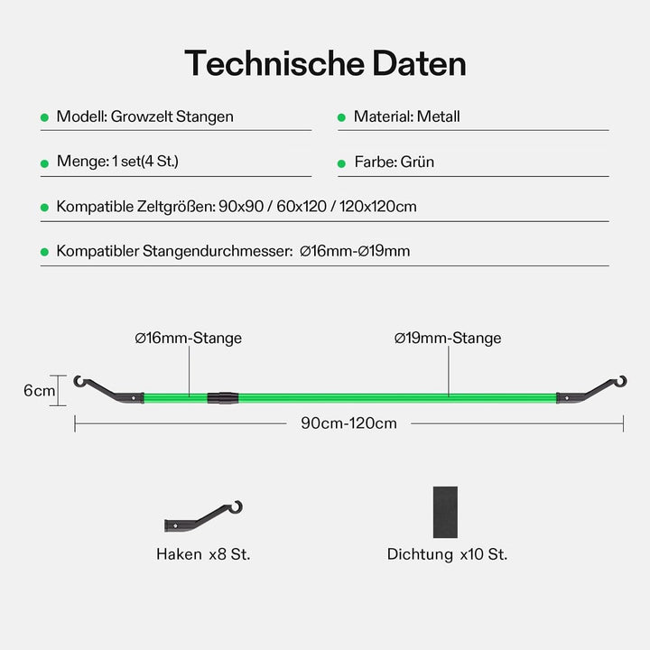 VIVOSUN 4er-Packung Grüne Stangen, Growzelt Höhes CFM-Set, Grüne Pole von 60-120cm, Geeignet für 60x