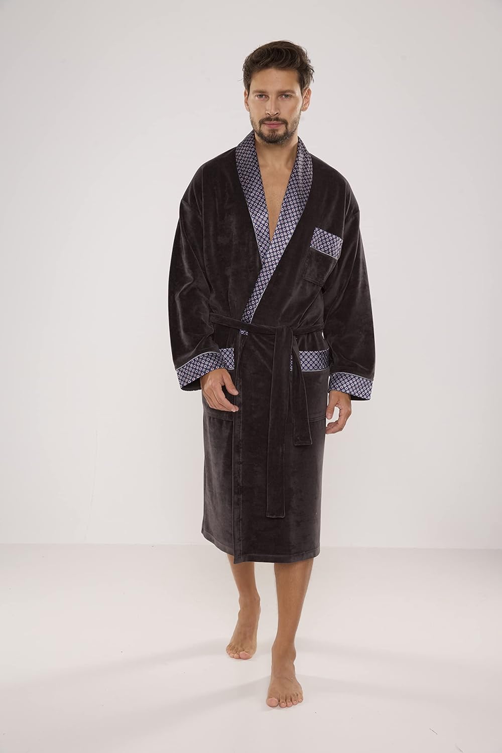 FOREX Lingerie edler und hochwertiger Baumwoll-Bademantel Herren-Mantel im tollen Design L Graphit-b